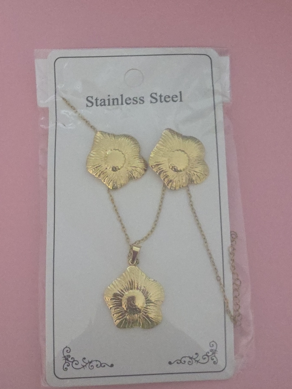 Gold Floral Stainless Steel Necklace and Earring Set